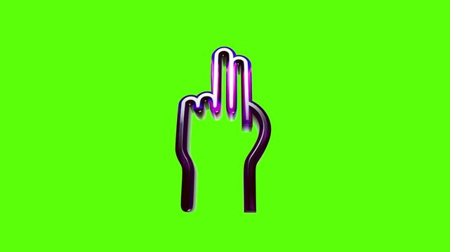 Neon purple hand gesture icon with two fingers pointing up isolated against a bright green background
