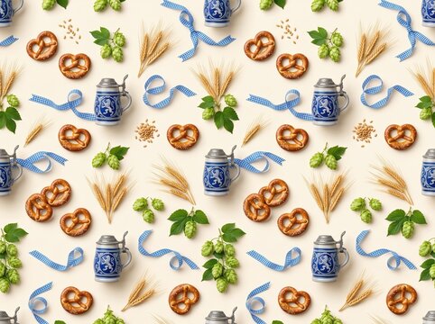 Seamless oktoberfest pattern with pretzels hops wheat blue ribbon and beer steins for fabric wallpaper and surface design