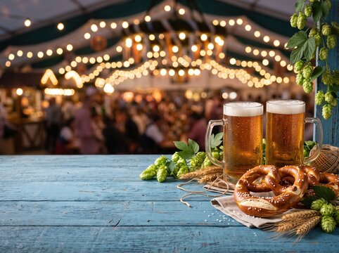Oktoberfest beer and pretzel header with steins hops and wheat on wooden table for festival background and banner design