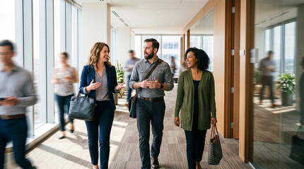 Obraz premium Diverse group of business colleagues walking together and talking in a modern office hallway.