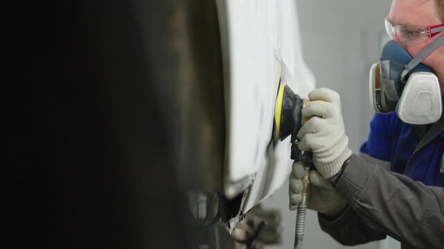 Adult male auto body technician sands a repaired white vehicle panel while wearing a respirator, goggles and gloves. Professional collision repair and workplace safety concept.