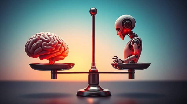 Balance scale with red glowing human brain left and mechanical robot right. Balanced. Warm to cool color gradient background comparing brain vs. robot.