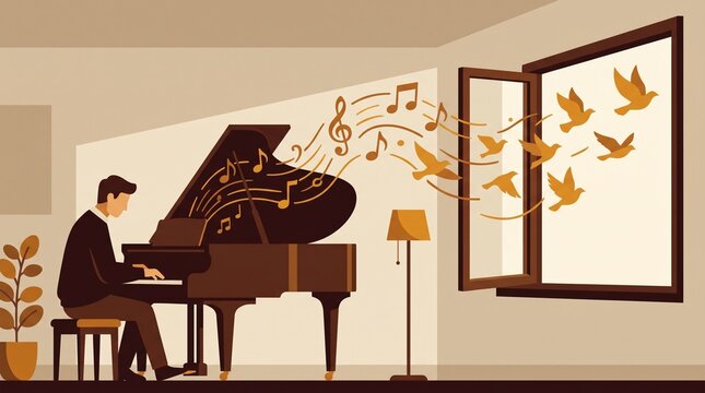 A person plays a grand piano as musical notes morph into birds flying through an open window. It represents therapeutic release and emotional freedom. Ideal for music therapy or inspiration.