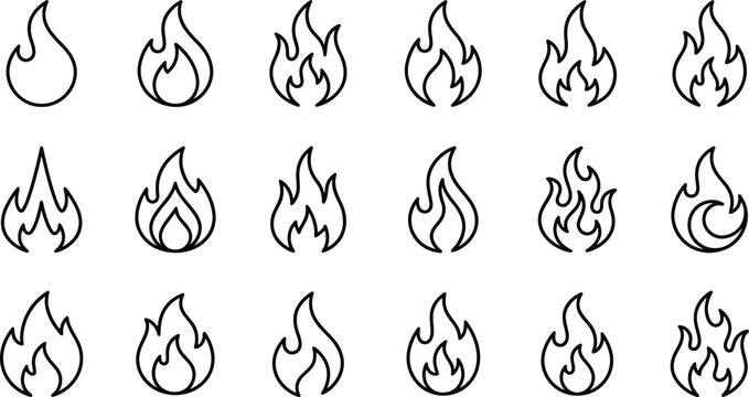 flames, icon set. fire, flame of various shapes, linear icons. Line with editable stroke