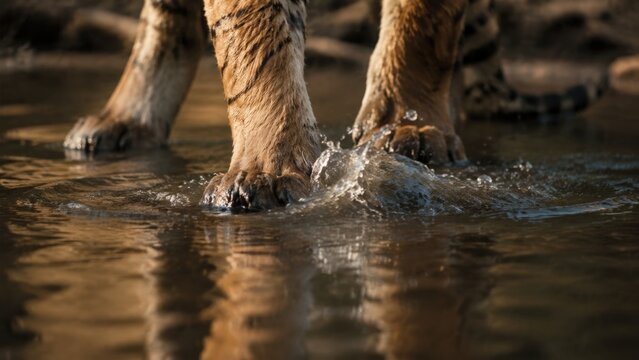 Low angle macro shot of a tiger paws splashing through muddy water showing powerful legs with striped fur and water droplets frozen in motion, underscoring the close-up