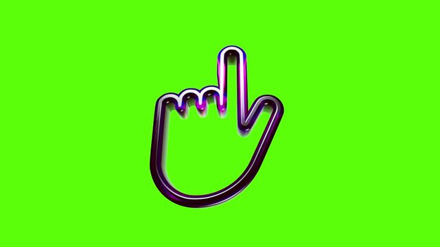 Shiny purple metallic hand cursor icon pointing up on a vibrant green background for digital interface