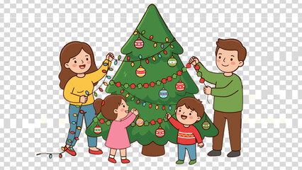 Fototapeta premium Happy family decorating a big green Christmas tree together with lights and ornaments isolated on transparent background