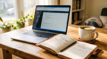 Obraz premium Cozy home office desk setup with a laptop, open notebook, and cup of coffee.