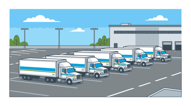 Fleet of delivery trucks parked outside a distribution warehouse loading facility. EPS Editable. Vector Illustrations.