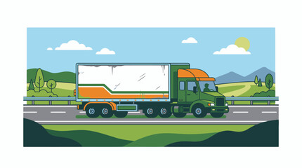Fototapeta premium Green semi truck driving on a highway road through a scenic landscape. EPS Editable. Vector Illustrations.