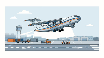 Fototapeta premium Large cargo airplane taking off from an airport runway illustration. EPS Editable. Vector Illustrations.
