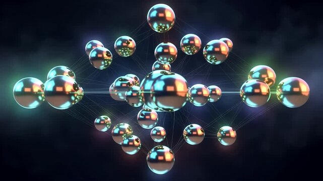 metallic spheres of varying sizes floating and slowly orbiting in darkness, faint connecting light threads between them, cool cyan and warm copper reflections on the surfaces