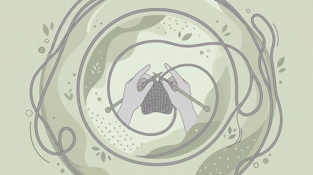 Hands knitting with yarn and needles surrounded by abstract organic shapes, representing creative meditation.