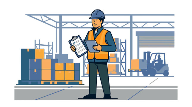 Warehouse worker holding clipboard in distribution center vector illustration. EPS Editable. Vector Illustrations.
