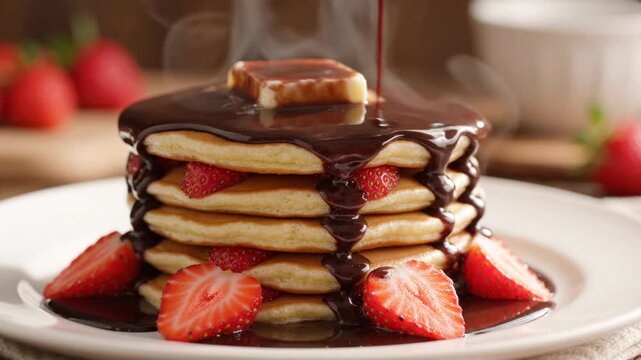 Chocolate sauce being poured over a stack of pancakes with strawberries
