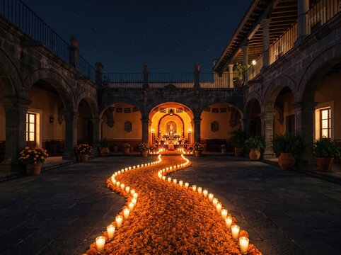 Courtyard pathway of marigold petals and candles leading to altar for memorial ceremony background and event banner design