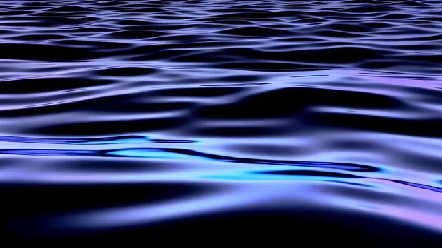 rippling waves moving across a dark liquid surface, iridescent blue and purple reflections shifting, slow continuous motion from back to front