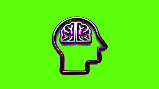 Neon purple outline of a human head icon with a brain symbol inside representing intelligence and memory