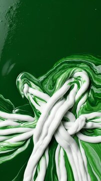 White Creamy Texture Swirling Into Deep Green Liquid Background