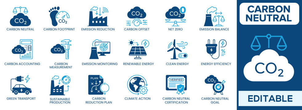 Carbon neutral solid icon set featuring carbon footprint, emission reduction, carbon office set, net zero, renewable energy, and more blue flat design. Vector