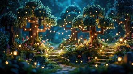 Naklejka premium Enchanted forest path glows with fairy lights and lanterns. Magical trees and plants create a dreamy, whimsical garden scene at twilight. Stone stpic lead through rich greenery, inviting exploration.