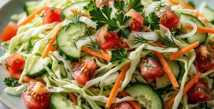 Fresh vegetable salad with sliced cucumber, tomato, carrot, cabbage in bowl. Raw healthy greens with herbs like parsley, dill. Tasty diet food mix with onion for lunch dinner. Vegetarian meal full of