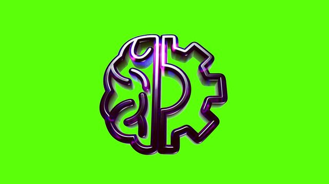 Shiny metallic brain and gear icon representing artificial intelligence and human thinking process symbol