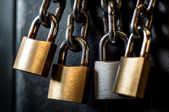 Group of heavy metal padlocks attached to thick chains. Three brass and one silver lock hang closely together on a dark textured surface, suggesting strong security.