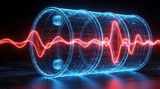 Digital energy barrel pulses with red wave data flow inside abstract wireframe structure. Futuristic industry power concept with glowing blue grid.