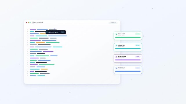 AI code assistant interface with syntax highlighting and progress bars for software development.