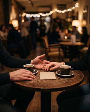 Cropped view of a man and woman talking over coffee during a speed dating event in a cozy cafe, with a blank card on the table.