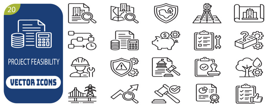 Set of twenty project feasibility vector icons isolated on transparent background