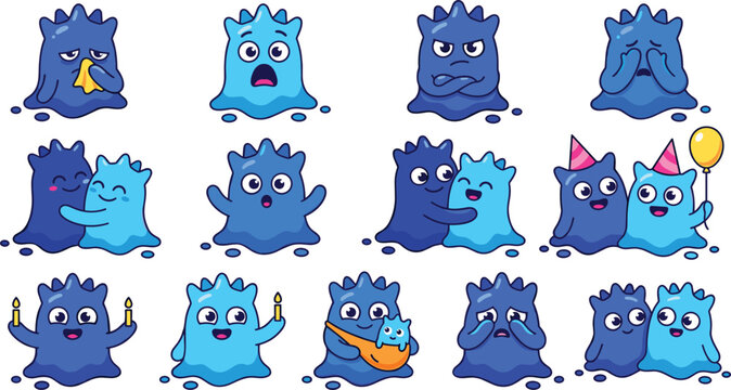 Cute blue slime monster cartoon character vector set with various emotions and facial expressions
