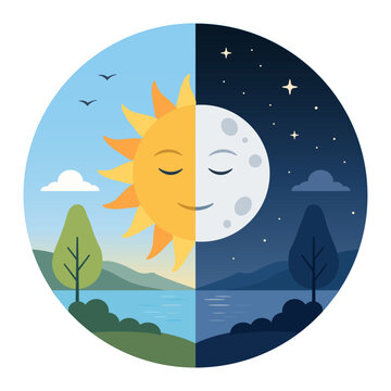 Half sun and half moon face in circle over landscape with lake and mountains, vernal or autumnal equinox day, day and night, lunar and sun, earth seasons,annual seasonal cycle,weather forecast, vecto