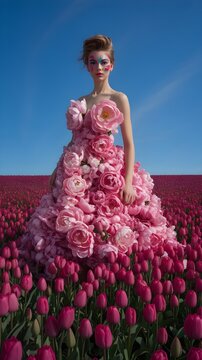 Retrato de moda de alta costura de una mujer con vestido de flores rosas en un campo de tulipanes bajo cielo azul