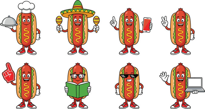 Funny hotdog cartoon mascot character vector set with different lifestyle poses activities and expressions