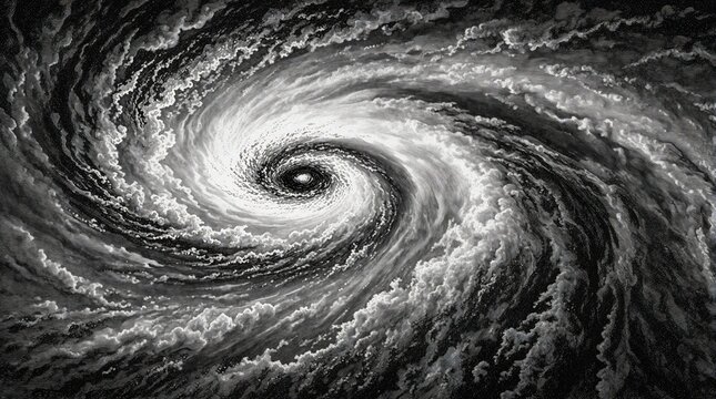 Black, white engraving of powerful hurricane spiral. Dramatic storm vortex swirls with intense clouds, wind. Natural disaster cyclone creates huge motion in dark sky. Vintage style monochrome