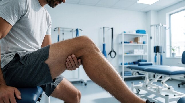 Man sits on treatment table in physical therapy clinic. Injured male holds painful thigh muscle due to hamstring cramp strain. Athlete feels leg discomfort, muscle ache during rehab session. Patient