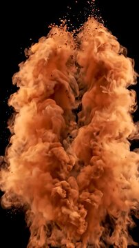 Abstract Orange Smoke Explosion and Powder Particles Rising Against Black Background