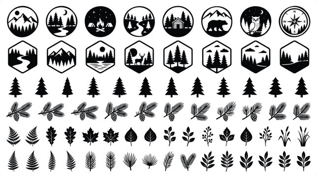 Vintage outdoor adventure badges and nature icons set. Black forest mountain logos and wilderness elements. EPS vector collection for camping branding.