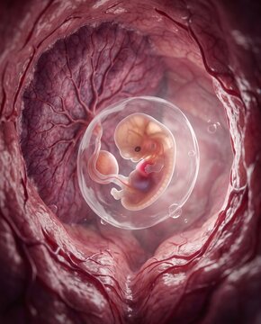 3D medical rendering of an early-stage human embryo developing inside the amniotic sac within the uterus. The umbilical cord connects to a detailed placenta on the uterine wall.