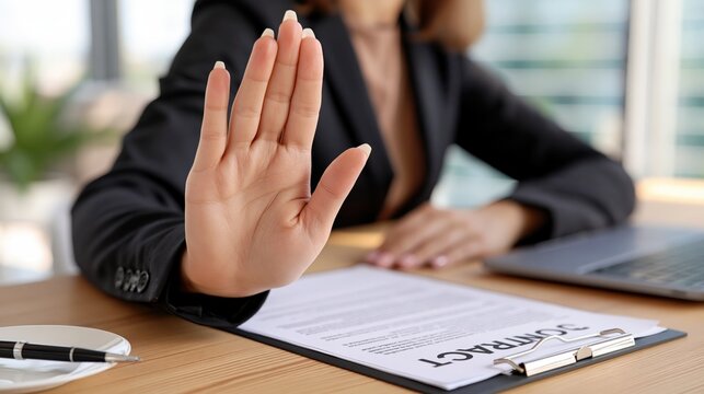 Person in formal attire signals to halt signing a document.