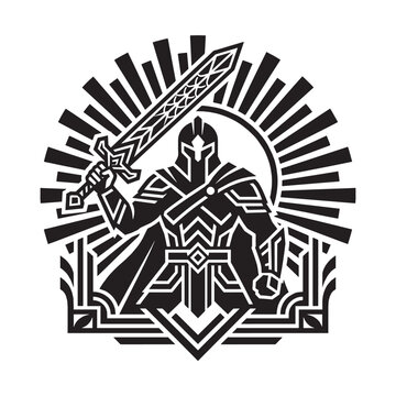 Artdeco Geometric Knight Warrior with Sword Ornamental Vintage Luxury Illustration in Black and White Silhouette Style