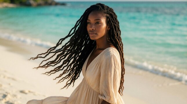 Beautiful black woman with long locs stands on white sand beach. Wears elegant cream dress near turquoise ocean water. Tropical summer vacation concept. Young African lady enjoys peaceful nature, sea