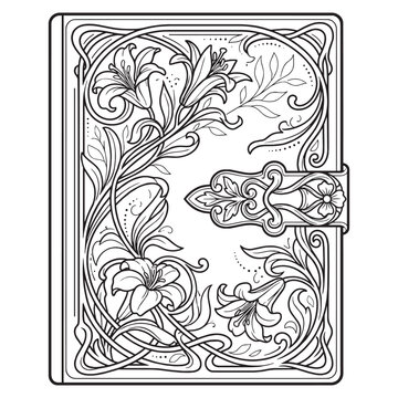 Elegant Art Nouveau botanical book cover illustration featuring ornamental floral whiplash patterns for adult coloring page.