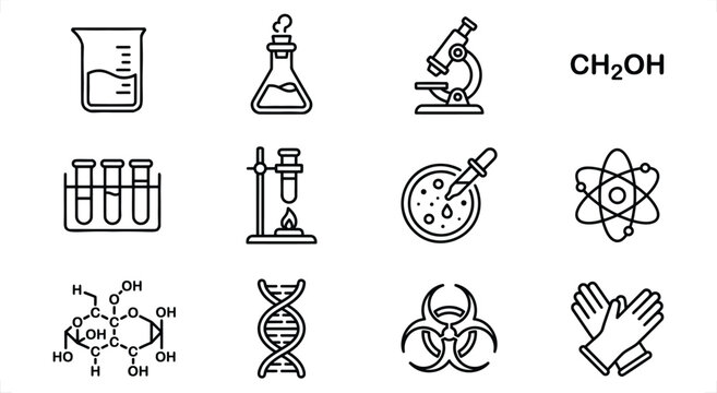 Science and laboratory icon set with outline symbols featuring chemistry, biology, and research elements for design