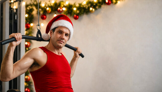 A muscular man in a red tank top and Santa hat does a lat pulldown with Christmas lights in the background, holiday fitness, Christmas workout, festive training.