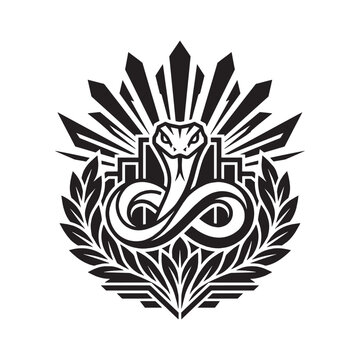 Art Deco Geometric Snake Logo with Ornamental Laurel Wreath and Sunburst, Luxury Vintage Crest Symbol