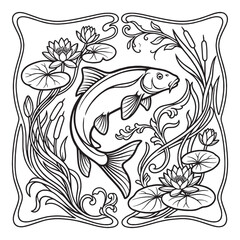 Obraz premium Art Nouveau Line Art of a Fish in a Pond with Botanical Floral Elements Water Lilies and Ornamental Whiplash Curves for Coloring Page
