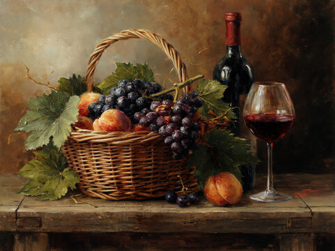 Classic Still Life with Wine Grapes and Rustic Basket Oil Painting. AI generative.